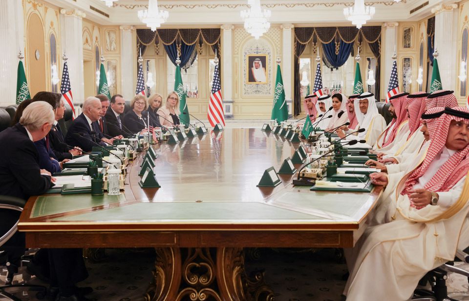 U.S. President Joe Biden participates in a bilateral meeting with Saudi Arabia's Crown Prince Mohammed bin Salman, at Al Salam Royal Palace, in Jeddah